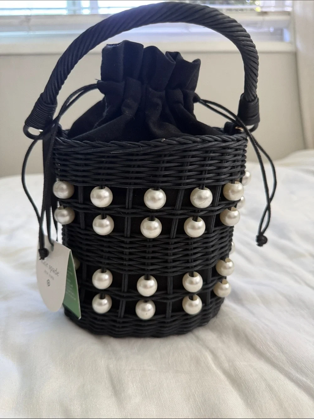 kate spade Black Wicker Bucket Bag with Pearl Accents